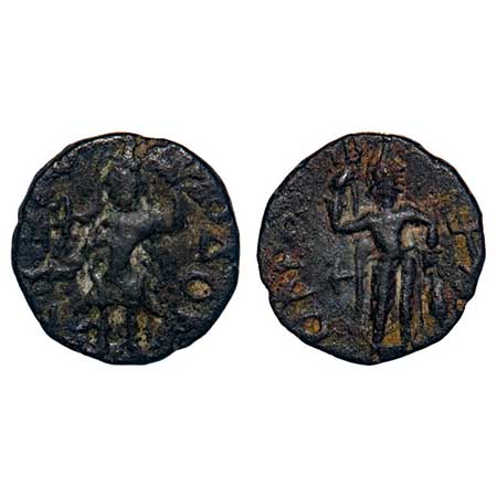 Kushans, Kanishka I (c. 127-158 AD), Copper 1/2 unit, 4.08gm, 17.79x17.38mm, Obv: King sta