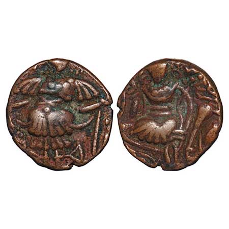 Huns, Kashmir, Toramana II, Copper Drachma, 6.77g, 21.17x20.35mm, Obv: King standing sligh