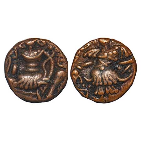 Huns, Kashmir, Toramana II, Copper Drachma, 6.88g, 19.61x18.96mm, Obv: King standing sligh