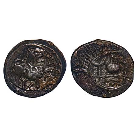 Vishnukundin Dynasty, Andhra Region, Copper Base Alloy, 9.04gm, 20.63x22.05mm, Obv: Lion s