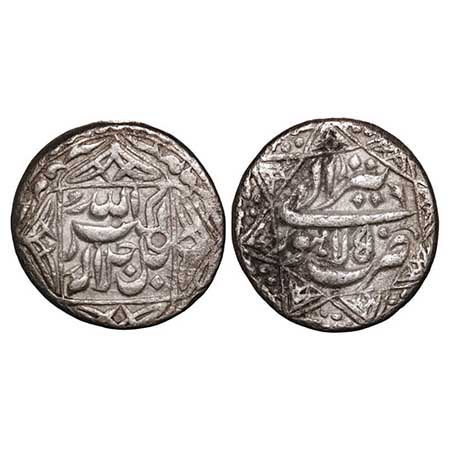 Akbar, Silver Rupee, 11.07g, Lahore Mint, Ilahi Month 'Tir', Year 50, Obv: legends within 