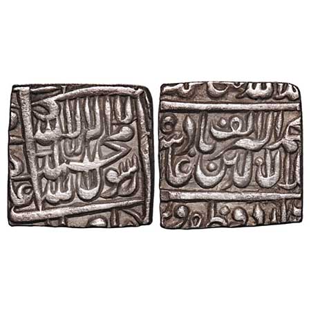 Akbar (AH 963-1014/1556-1605 AD), Silver Square Rupee, 11.28g, Urdu Zafar Qarin (Army camp
