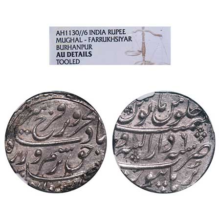 Farrukhsiyar, Silver Rupee, Dar us sarur Burhanpur Mint, AH 1130/6 RY. KM 377.22. NGC grad