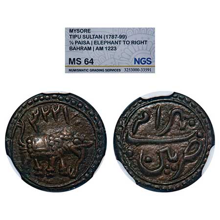 Mysore, Copper 1/2 Paisa, Tipu Sultan, Patan Mint, AM 1223 retro date, Obv: Elephant right