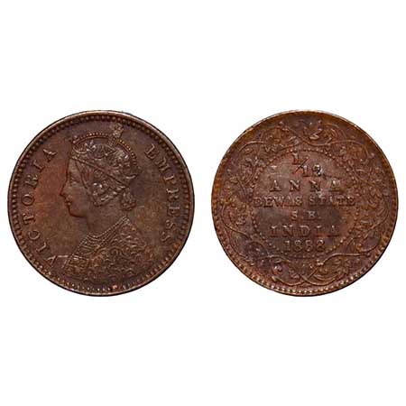 Dewas Senior, Copper 1/12 Anna, 2.15g, Narayan Rao (c. 1864-1892 AD), Crowned bust of Vict