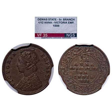 Dewas Senior, Copper 1/12 Anna, Narayan Rao (c. 1864-1892 AD), Crowned bust of Victoria on