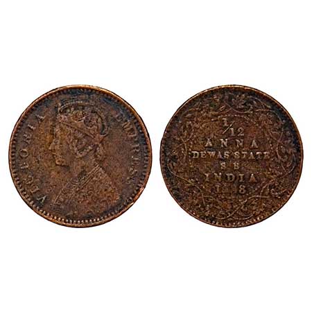 Dewas Senior, Copper 1/12 Anna, 2.02g, Narayan Rao (c. 1864-1892 AD), Crowned bust of Vict