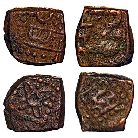 Dhar, Copper Kachha Paisa (2 Coins), 10.53 & 11.59g, over struck type, Obv: Geometricaly d