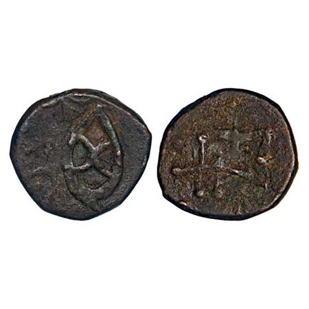 Dhar, Copper Kachha Paisa, 10.01g, over struck type, Obv: leaf, Rev: sword overstruck and 