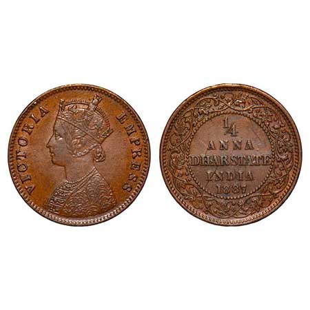 Dhar, Copper ¼ Anna, 6.55g, Anand Rao III (1860-1898 AD), 1887 AD, bust of Victoria Empres