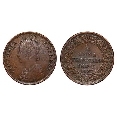 Dhar, Copper ¼ Anna, 6.34g, Anand Rao III (1860-1898 AD), 1887 AD, bust of Victoria Empres