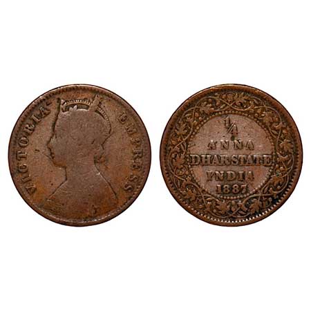 Dhar, Copper ¼ Anna, 6.50g, Anand Rao III (1860-1898 AD), 1887 AD, bust of Victoria Empres