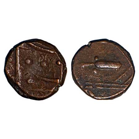 Makrai State, Copper Square Paisa, 10.41g, Raja Bharat Shah (1886-1920 AD), katar on obv, 