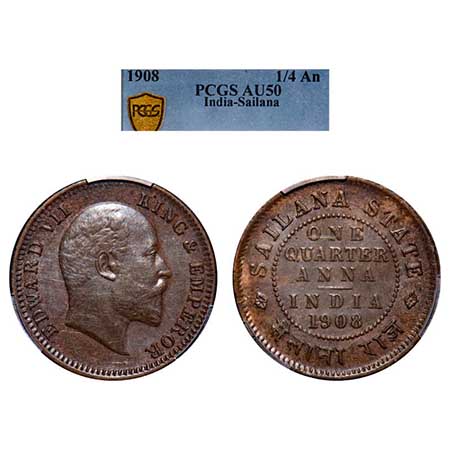 Sailana, Copper 1/4 Anna, Jaswant Singh (1890-1919 AD), 1908 AD, bust of Edward VII on obv