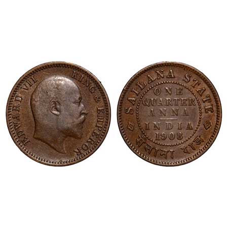 Sailana, Copper 1/4 Anna, 4.94g, Jaswant Singh (1890-1919 AD), 1908 AD, bust of Edward VII