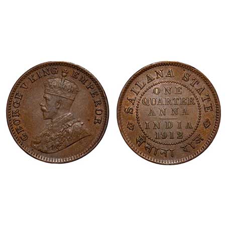 Sailana, Copper ¼ Anna, 4.86g, Jaswant Singh (1890-1919 AD), 1912 AD, bust of George V on