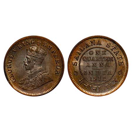 Sailana, Copper ¼ Anna, 4.81g, Jaswant Singh (1890-1919 AD), 1912 AD, bust of George V on 