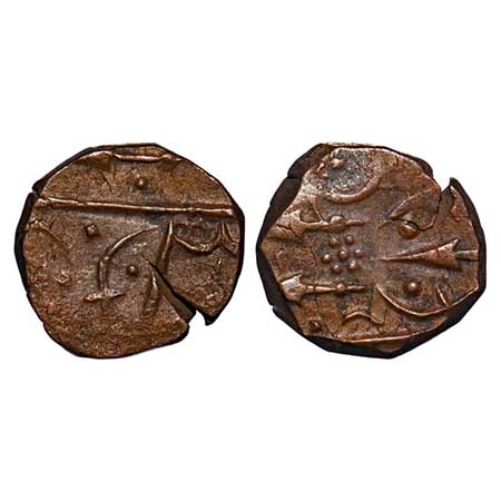 Sunth, Copper Paisa, 6.36g, Parmar Rulers, Rampur Mint, Obv: 2, swords & spear, Rev: sword