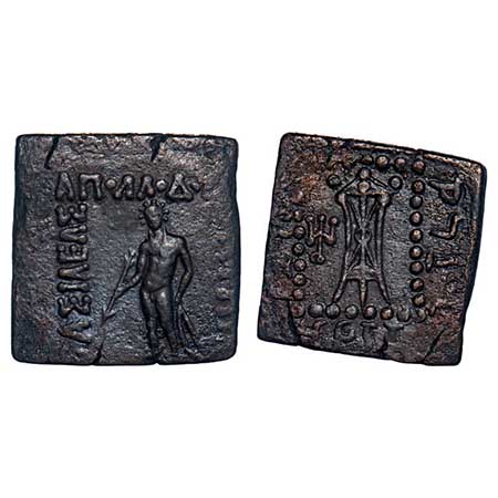 Indo-Greeks, Apollodotus I, Square Copper Quadruple Unit, 10.67gm, 24.26x23.79mm, Obv: Apo