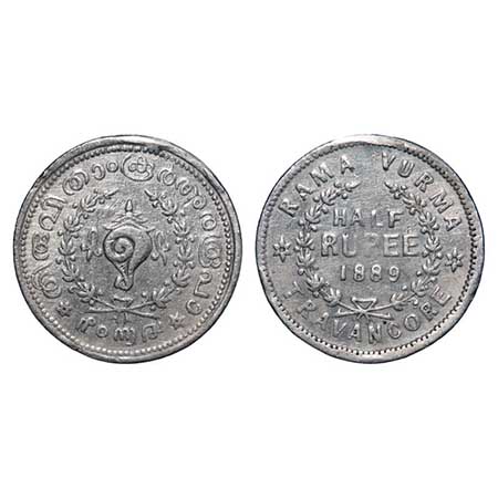 Travancore, Silver 1/2 Chitra Rupee, 5.31g, Rama Varma VI, ME 1889. KM 38. ex mount, Very 