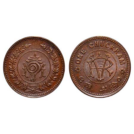 Travancore, Copper One Chukram, 9.80g, Rama Varma VI, (ME 1062-1101 / 1885-1924 AD), struc