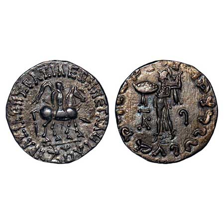 Indo-Scythians, Azes I, Silver Tetradrachm, 9.30gm, 25.57x25.25mm, Obv: King holding spear