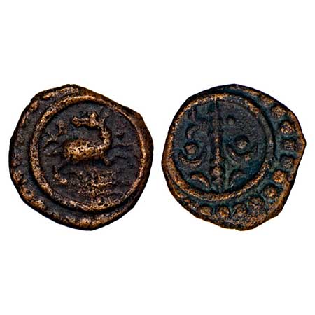 Travancore, Copper Thira Cash, 1.47g, Obv: Deer to right head turned back, Rev: stylised b