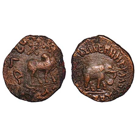 Indo Scythian, Azes II (c. 35-12 BCE), Pentachalkon, Copper, 6.65gm, 22.98x21.35mm, Obv: E