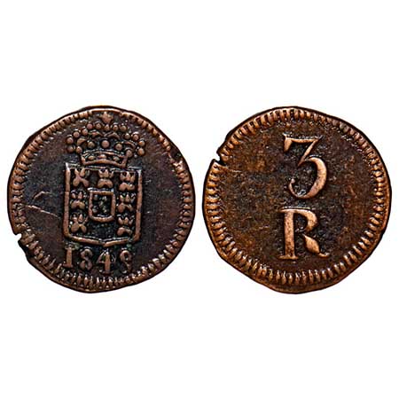 Indo Portuguese, Copper 3 Reis, 1.95g, D.Maria II (1834-1853 AD), 1848, Crowned Shield (Es