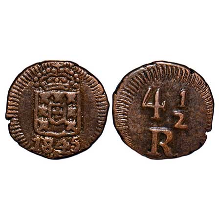 Indo Portuguese, Copper, 4 ½ Reis, 2.75g, D. Maria II (1834-1853 AD), 1845 AD. Crowned Shi