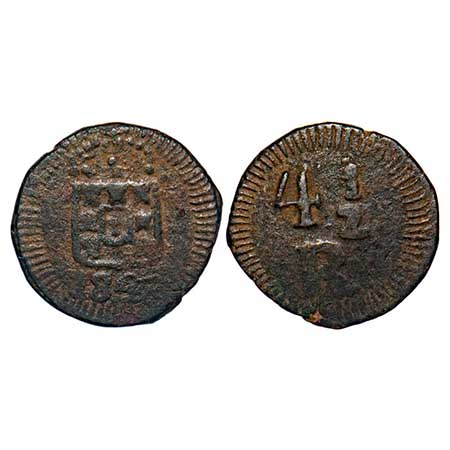 Indo Portuguese, Copper, 4 ½ Reis, 2.99g, D. Maria II (1834-1853 AD), 1845 AD. Crowned Shi