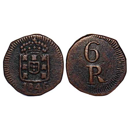 Indo Portuguese, Copper 6 Reis, 3.76g, D.Maria II (1834-1853 AD), 1846. A.Gomes (page 595)