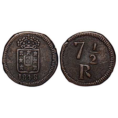 Pourtuguese India, Copper 7 1/2 Reis, 4.53g, D.Maria II (1834-1843 AD), 1848 AD, Goa issue