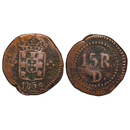 Portuguese India, Copper 15 Reis, 9.05g, D.Pedro V (1853-1861 AD), 1854 AD, Damao issue, c