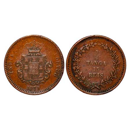 Indo Portuguese, Copper, ¼ Tanga / 15 Reis, 9.44g, D. Luis (1861-1889 AD), 1871 AD, Goa is