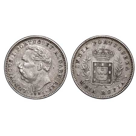 Indo Portuguese, Silver ½ Rupia, 5.79g, D Luis (1861-1889 AD), 1881 AD, Goa issue, date, B