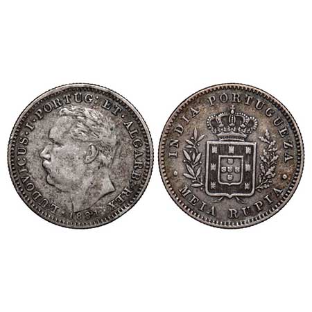 Indo Portuguese, Silver ½ Rupia, 5.78g, D Luis (1861-1889 AD), 1881 AD, Goa issue, date, B