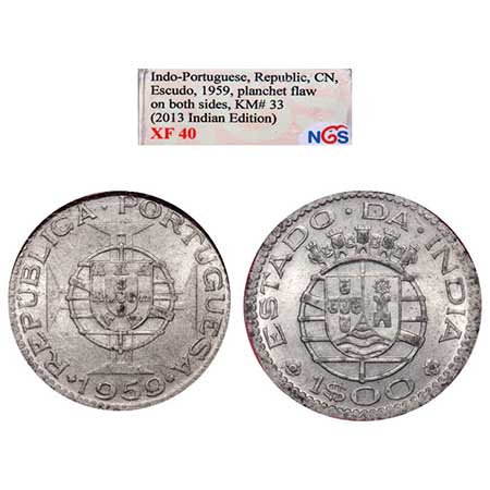 Indo Pourtuguese, Copper Nickel, Republic, 1 Escudos 1959 AD. error- planchet flaw on both