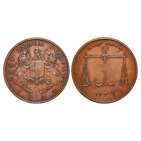 Bombay Presidency, Copper, Half Anna, 12.73g, (1834 AD / 1249 AH), letters 1.2mm, Obv: Arm
