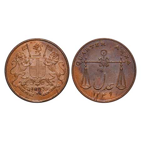 Bombay Presidency, Copper Quarter Anna, 6.35g, Bombay Mint, AD 1833/1249 AH, Reverse die a