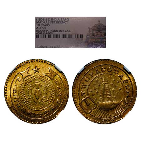 Madras Presidency, Gold Two Pagodas, (5.91g), (1808-1815 AD Issues), Obv: A empty Buckle g