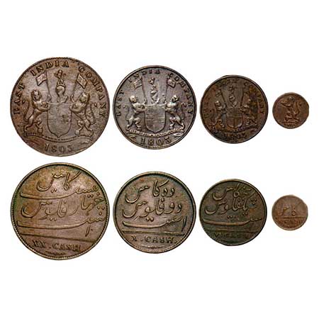 Madras Presidency, Copper XX, X, V, 1, Cash (4 Coins), (1803-1808 AD Issue), 1803 AD. Obv: