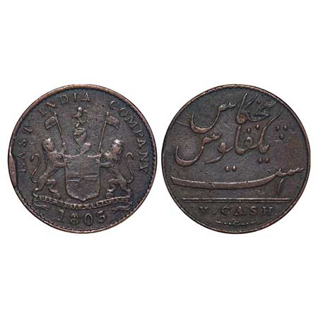 Madras Presidency, Copper V (Five) Cash, 3.13g, Cud Error, Struck at Soho Mint, 1803 AD, O
