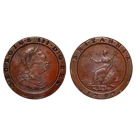 Great Britain, Copper 2 Pence, 54.88g, 1797, Ruler George III, Obv: Portrait facing Right