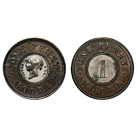 Great Britain, Bimetalic (Nickel in center, Copper), One Penny Model, 4.26g, (1844), Obv:B