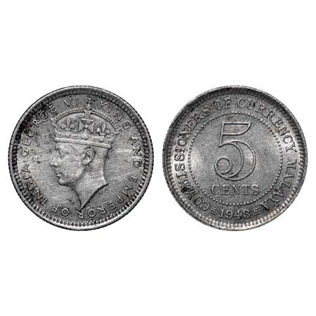 Malaya, Silver 5 Cents (0.500 silver), 1.37g, George VI, 1943 C. KM 3A. Extremely Fine+ de