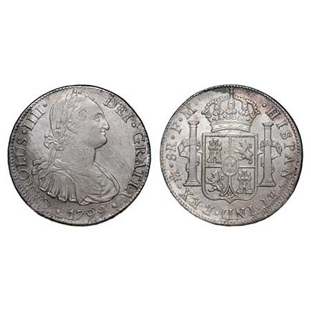 Mexico, Silver 8 Reales, 26.79g, 1799 AD, Obv: Bust of Carolus IIII to right and date, Rev