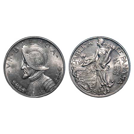 Panama, Silver Balboa (0.900 Silver), 26.66g, 1947 AD, Vasco Numez de Balboa, Obv: Armoure