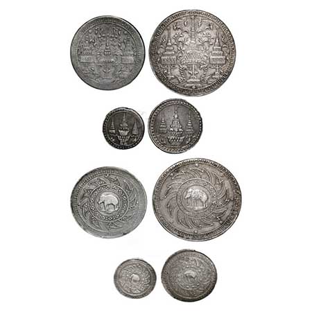 Thailand, (4 Coins), Silver Baht (1860), 1/2 Baht (1860), 1/4 Baht (1868), 1/8 Baht (1868)
