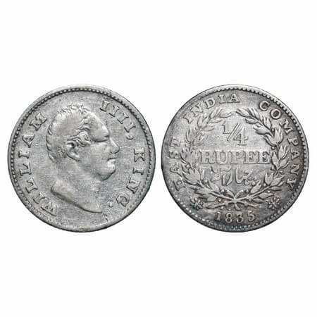 William IV, Silver, 1/4 Rupee, 1835, Calcutta Mint, A/II, 'F' incused, Large and thick siz
